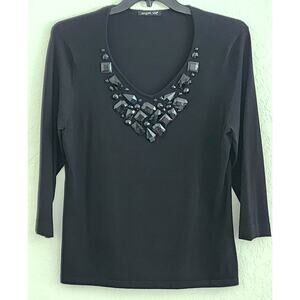 Top/Blouse-August Silk-Black-Deep V-Neck-3/4 Sleeves-Disc Design At Neckline-XL